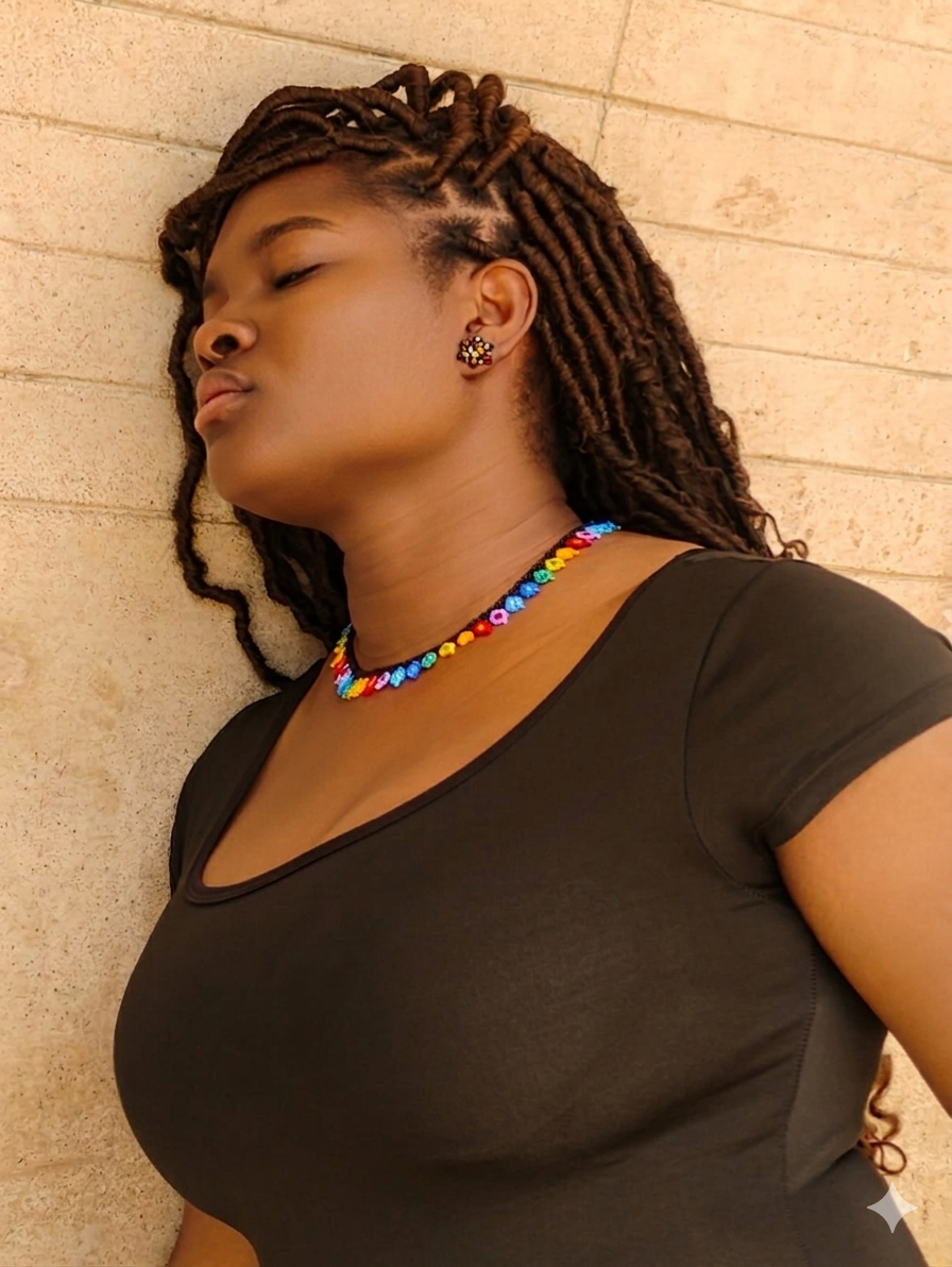 Modelo con collar artesanal ADN en colores vivos, mostacilla checa