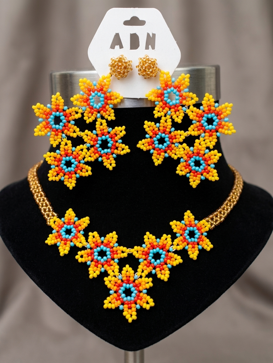 Conjunto primaveral ADN: collar y aretes en mostacilla checa sobre tela