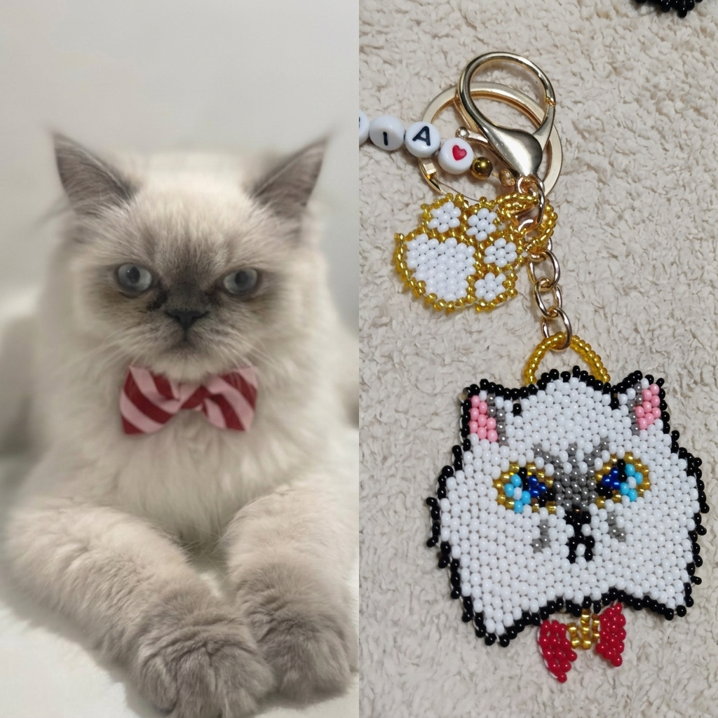 Llavero ADN con rostro de gato tejido en mostacilla checa